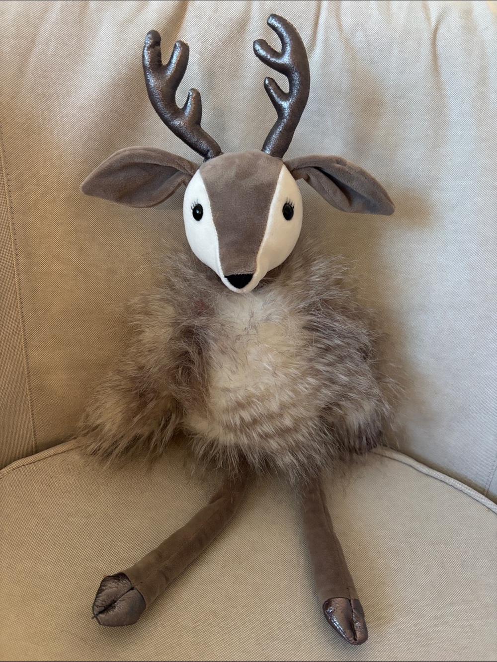 Jellycat Taupe Faux-Fur Reindeer with Metallic Antlers